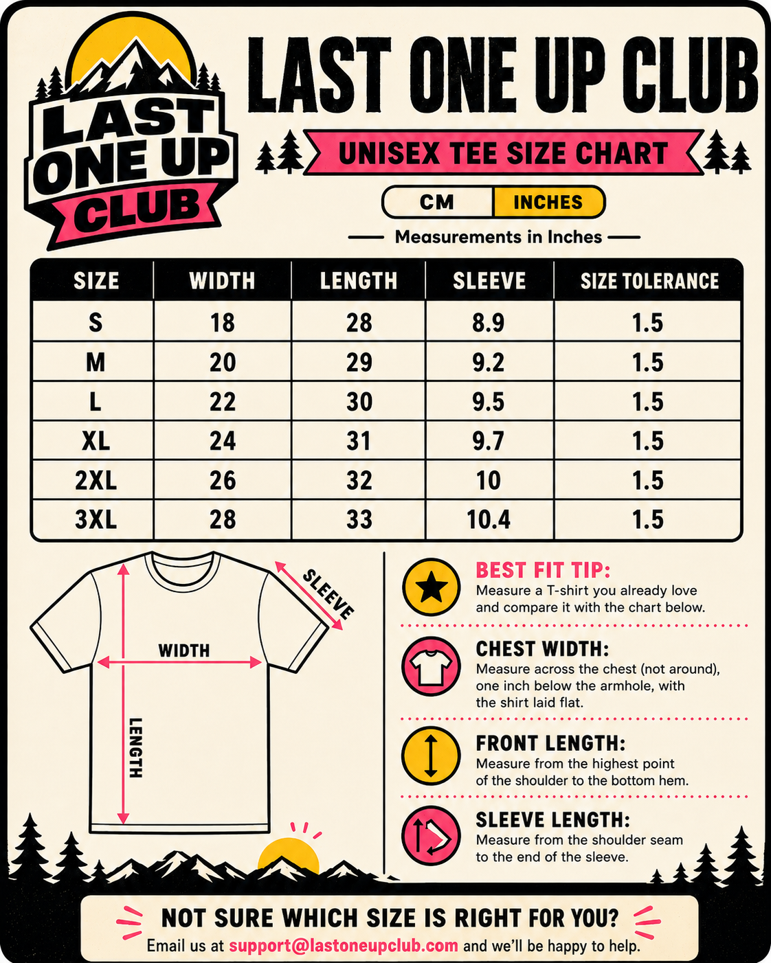 Size chart for Yosemite National Park Hiking Shirt, in inches